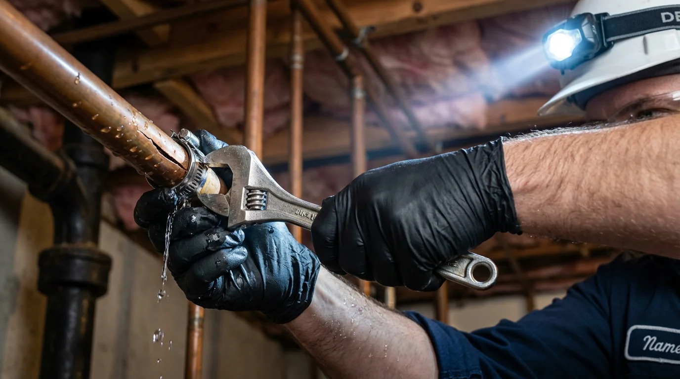 Emergency pipe clamp repair being performed by a Johns Plumbing LLC plumber in Inwood