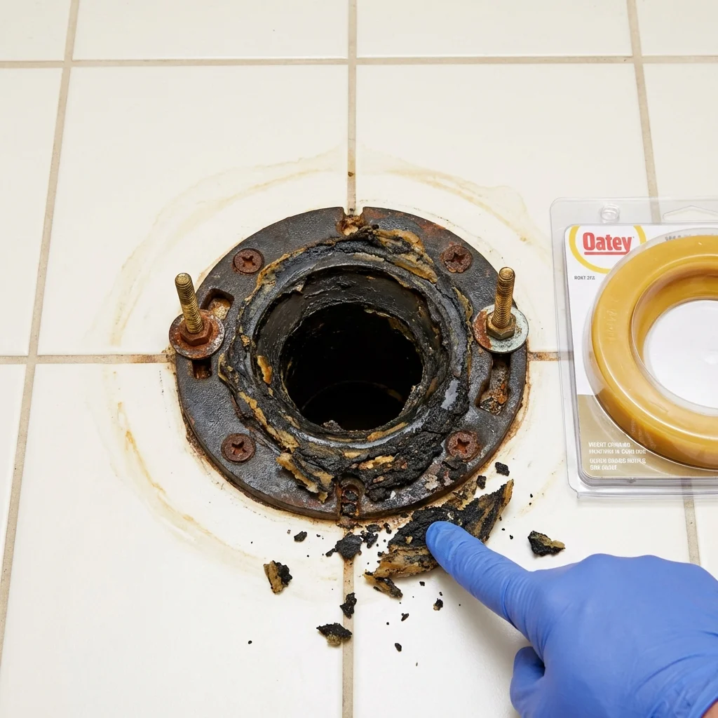 Failed wax ring showing water seepage at the base of a toilet in a Inwood, WV home