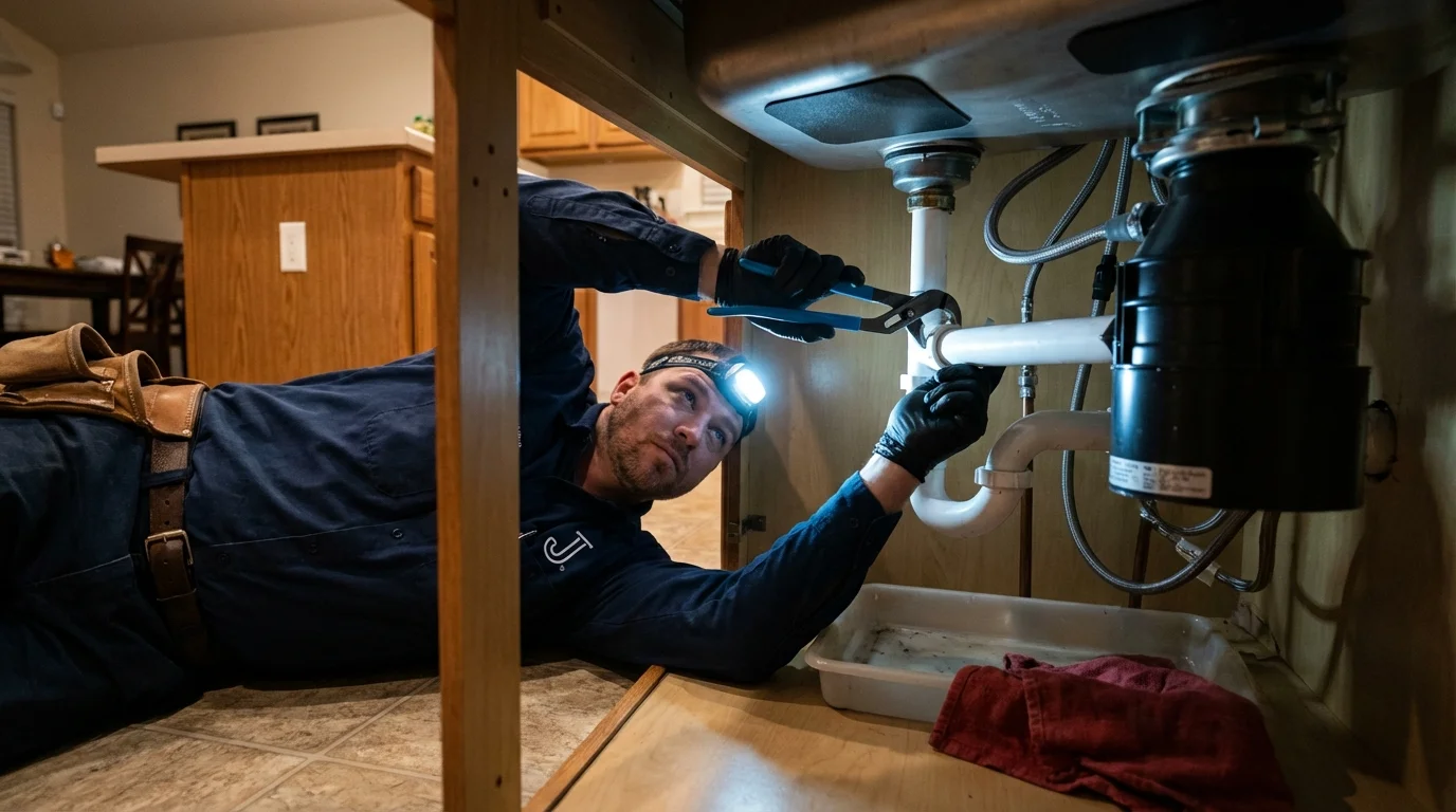 P-trap and supply line connections under a kitchen sink showing a common leak point in Inwood, WV